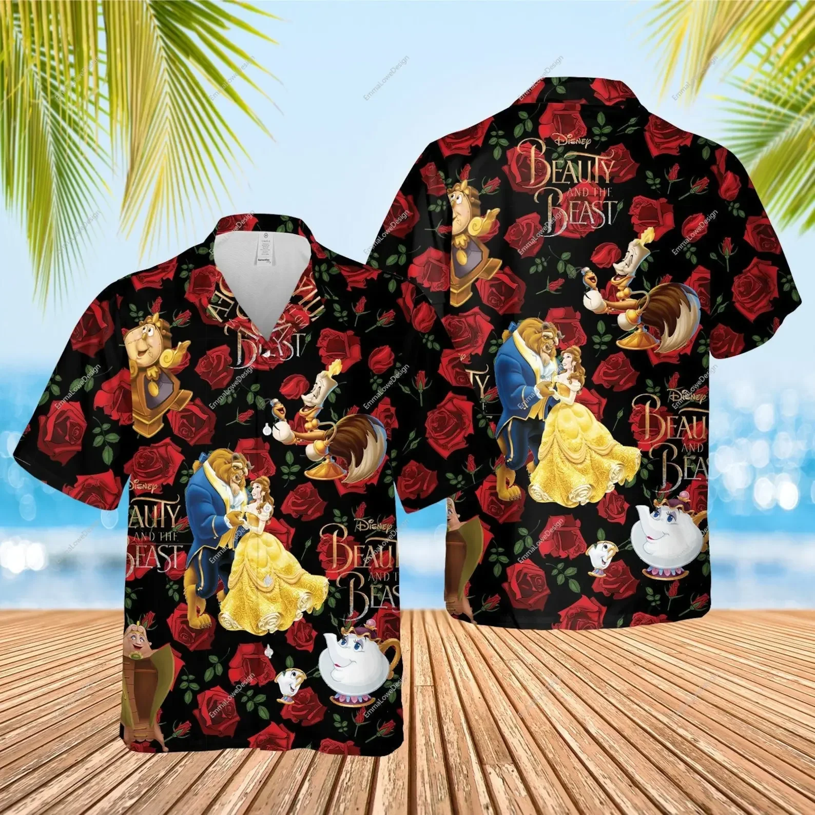 

Beauty and the Beast Sketch Hawaiian Shirt Men Button Down Short Sleeve Shirt Disney Inspired Hawaiian Shirt Casual Beach Shirt