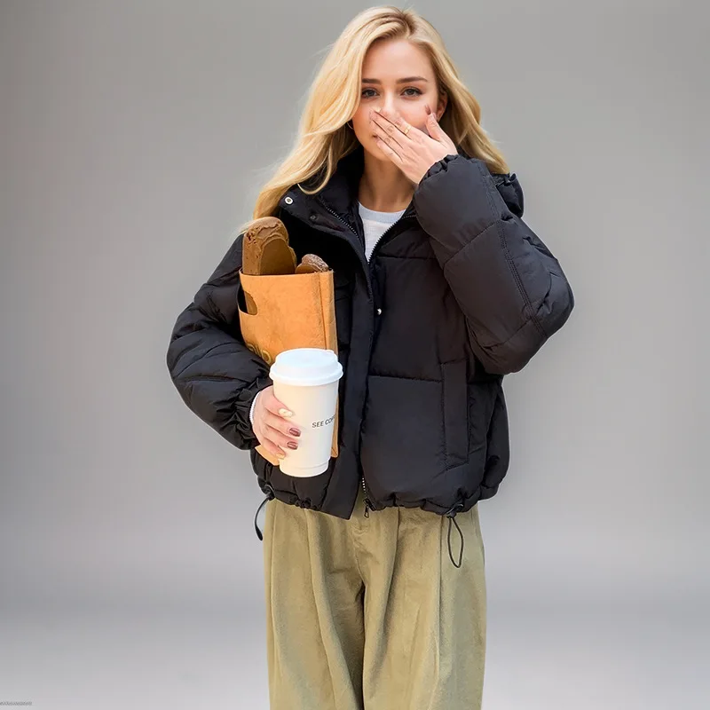 

Drawstring Lady's Winter Padded Coat Solid Zipper Elastic Cuffs Multi Pockets Parka Jacket For Women Korean-Style Female's Coat