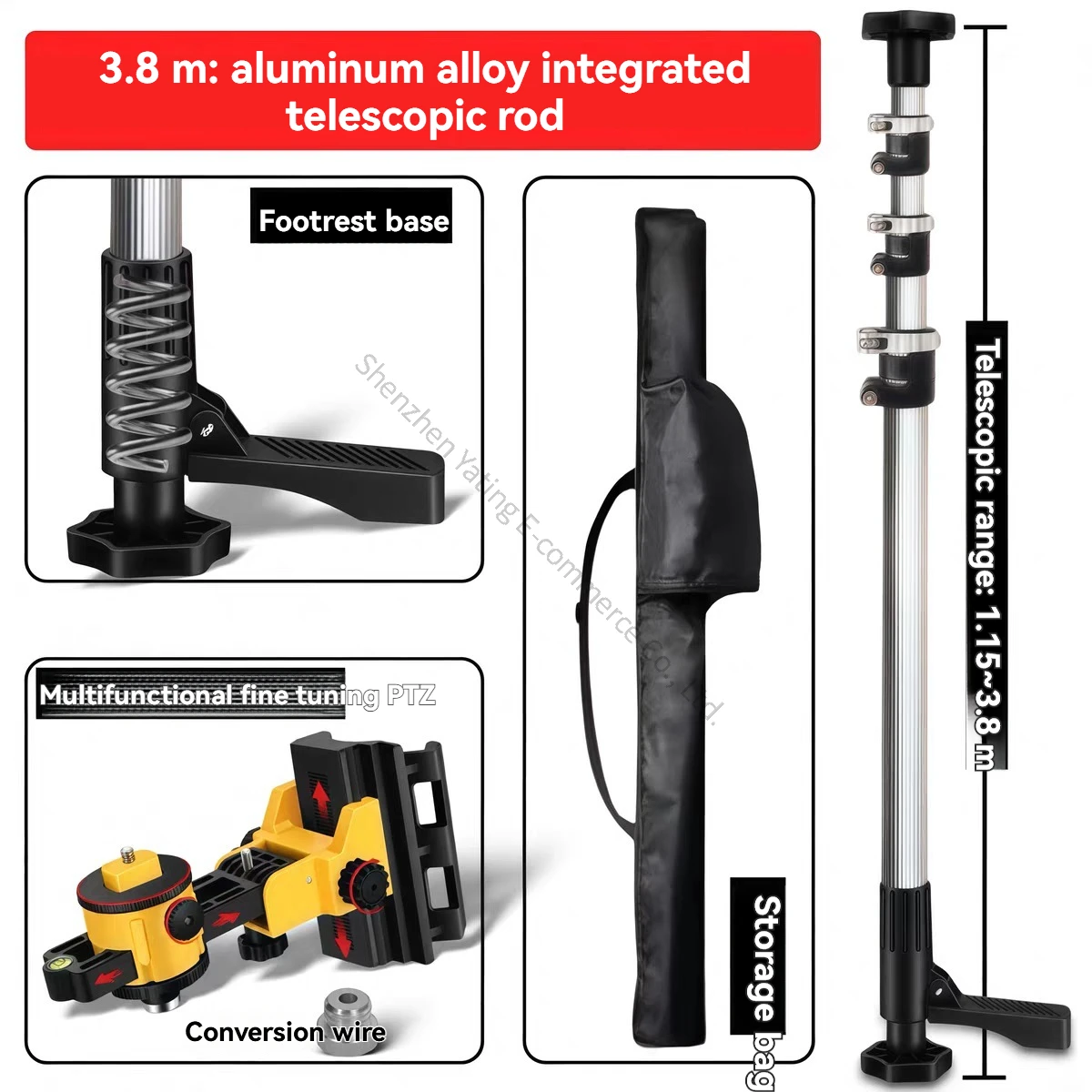 4.1M Level Lifting Support Rod Infrared Telescopic Bracket Thickened Thread Aluminum Alloy Fine Adjustment Pan Tilt