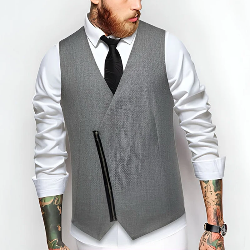 

Spring Mens V Neck Solid Color Zipper Vest Fashion Diagonal Placket British Casual Vintage Gentleman Leisure Suit Vest for Party