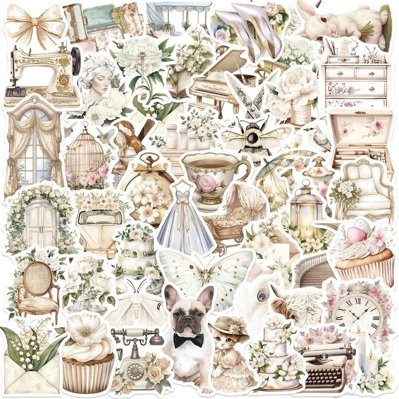 10/30/50PCS Vintage White Things PVC Sticky Sticker Aesthetic DIY Decoration Scrapbooking Hand Accounting Supplies