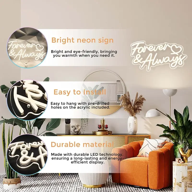 لافتة نيون للأبد ودائماً لتزيين الحائط، علامات إضاءة LED تعمل بمنفذ USB قابلة للتعتيم لذكرى الزفاف، وغرفة النوم، وديكور الحانات #5