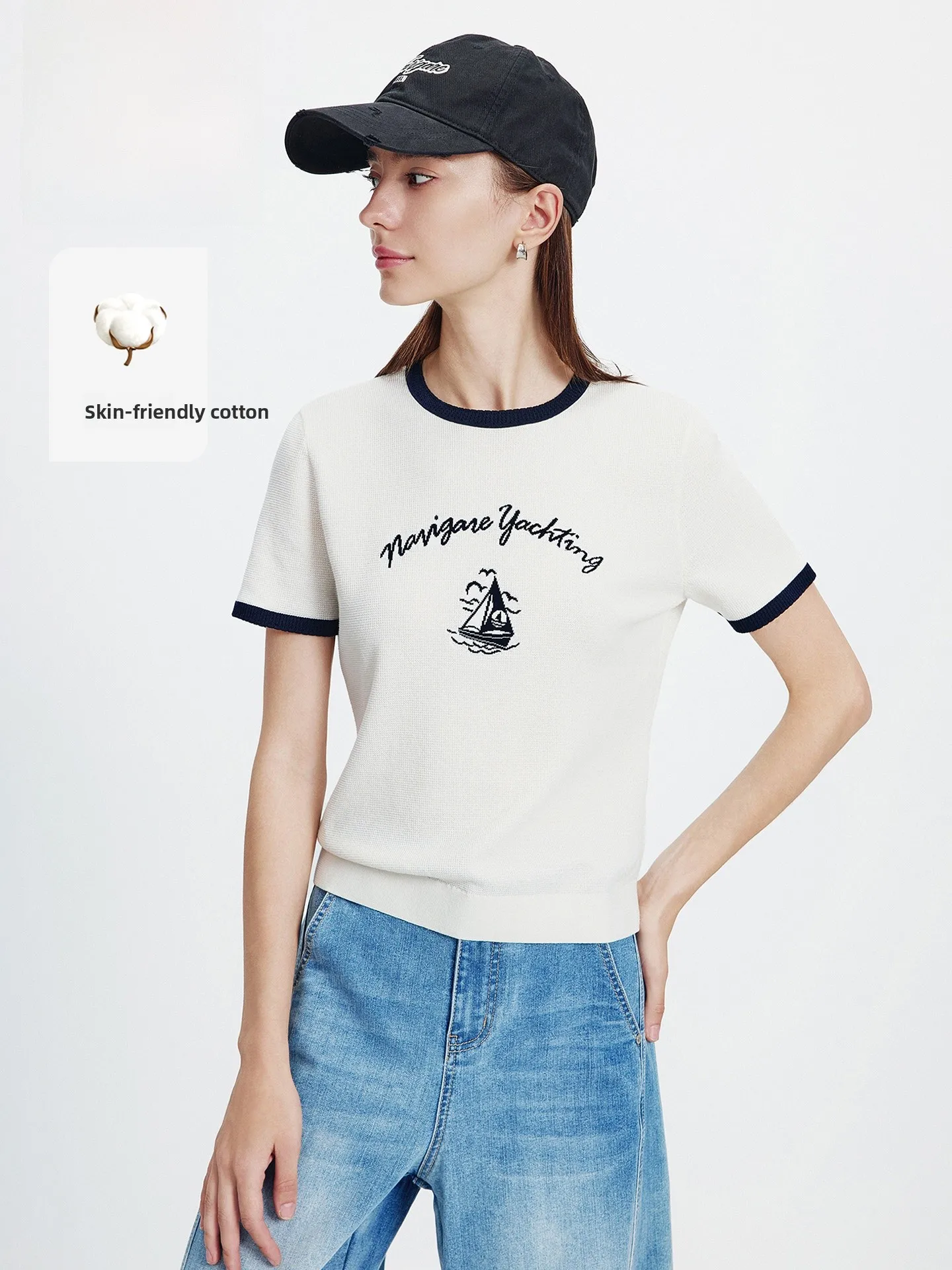 

Navigare Summer Color Blo round Ne Knitted ort Sve T-irt Women's Embroidered Casual Top Cotton Polyester Blend