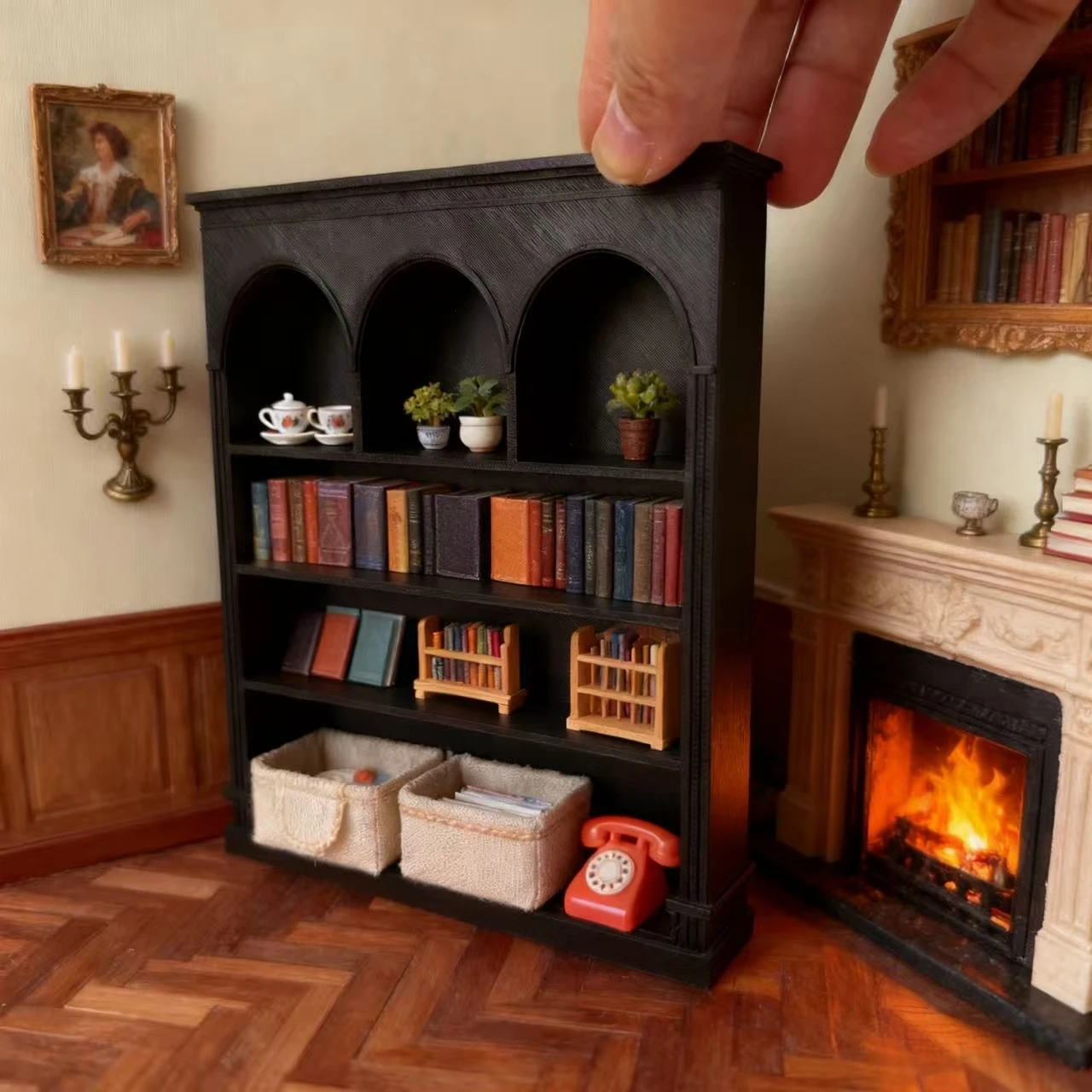 Retro 1:12 Scale Desktop Dollhouse Organizer, Arched Open Display Shelf Mini Storage Cabinet Decor