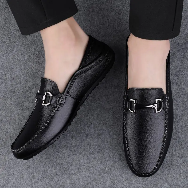 Flat Black Moccasin Square Toe Men\'s Leather Shoes Dress Business Formal Male Casual Shoe Loafers Soft Elegant Designer New In