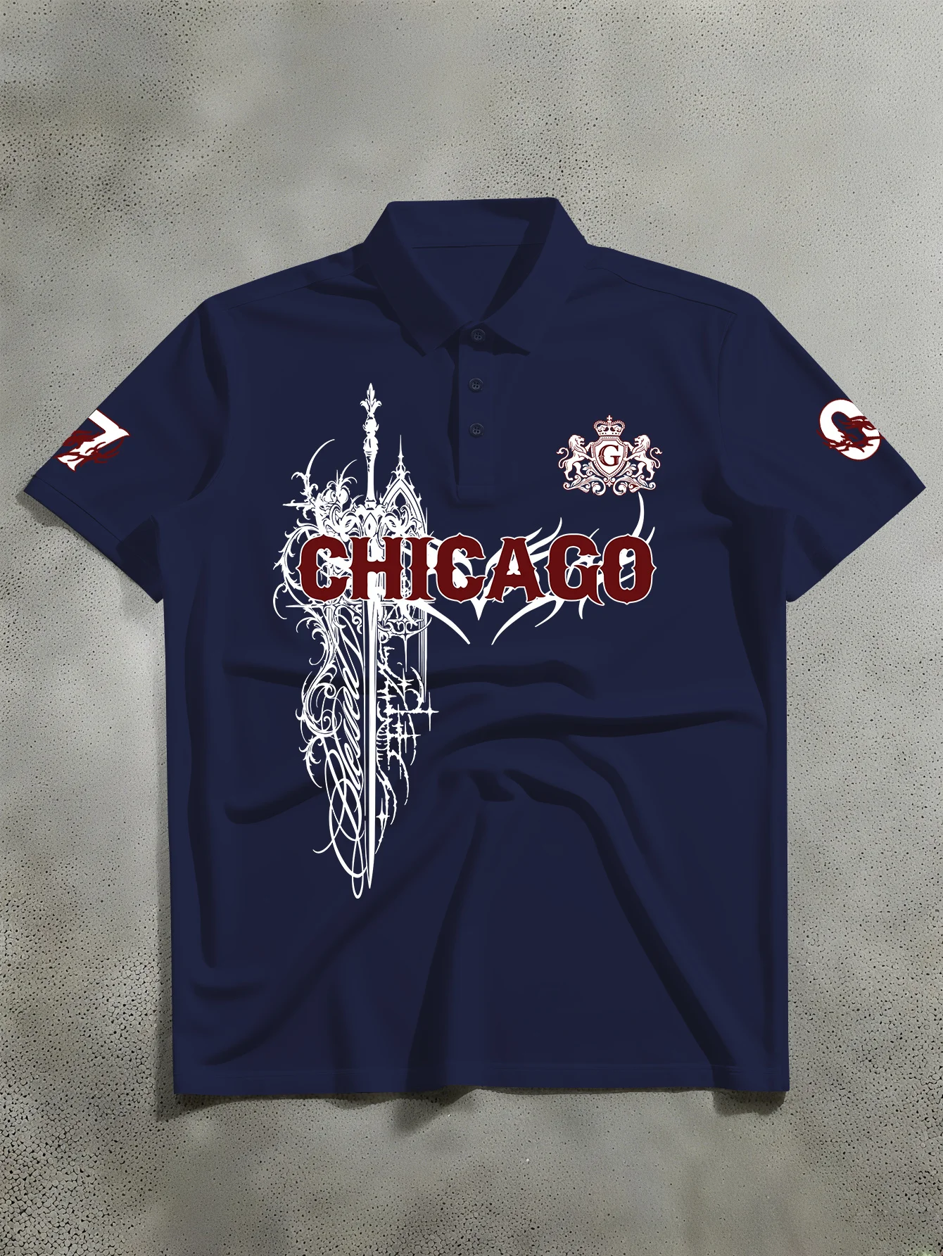 New Unisex Short Sleeved Polo Shirt with American Street Style Sword Shaped Pattern Print Paired with Letter Printed Polo