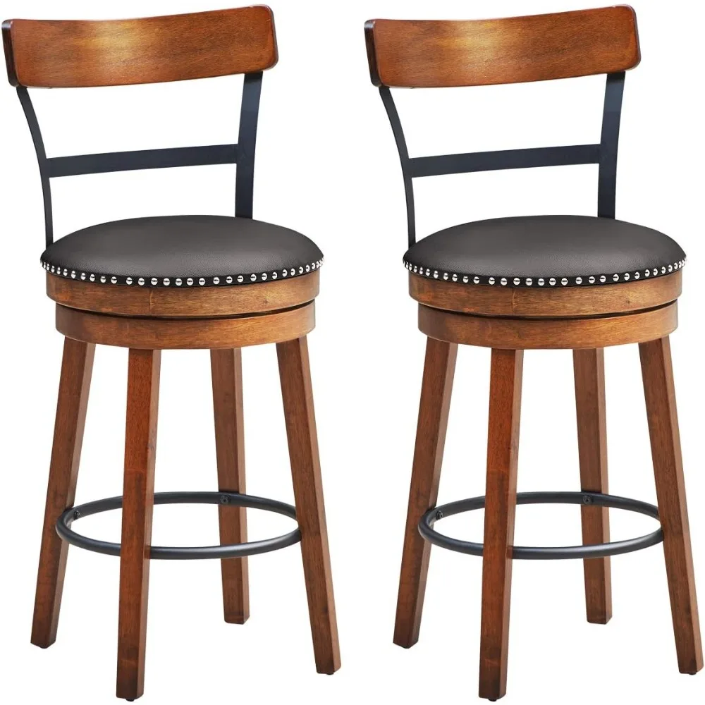 Bar Stools Set of 2, 360-Degree Swivel Stools with Leather Padded Seat, Single Slat Ladder Back & Solid Rubber Wood Legs