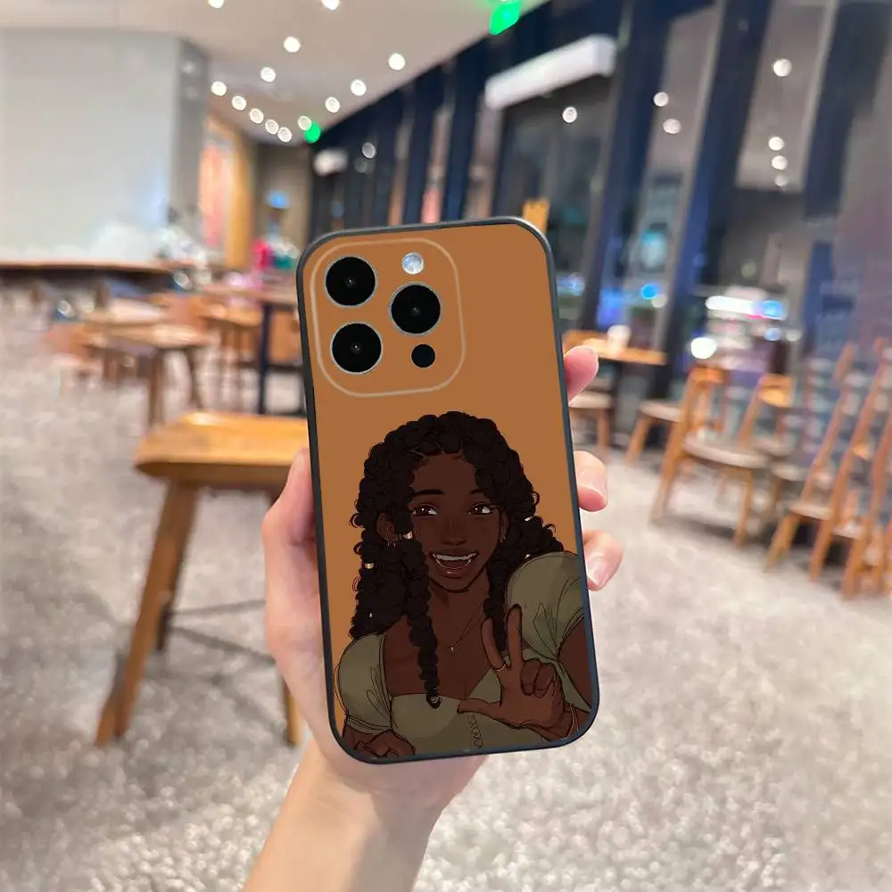 Schwarzes Mädchen A-afro Cartoon Handyhülle für iPhone 17,16,15,14,13,12 Plus, Max Weiche Silikon-Schutzhülle in Schwarz