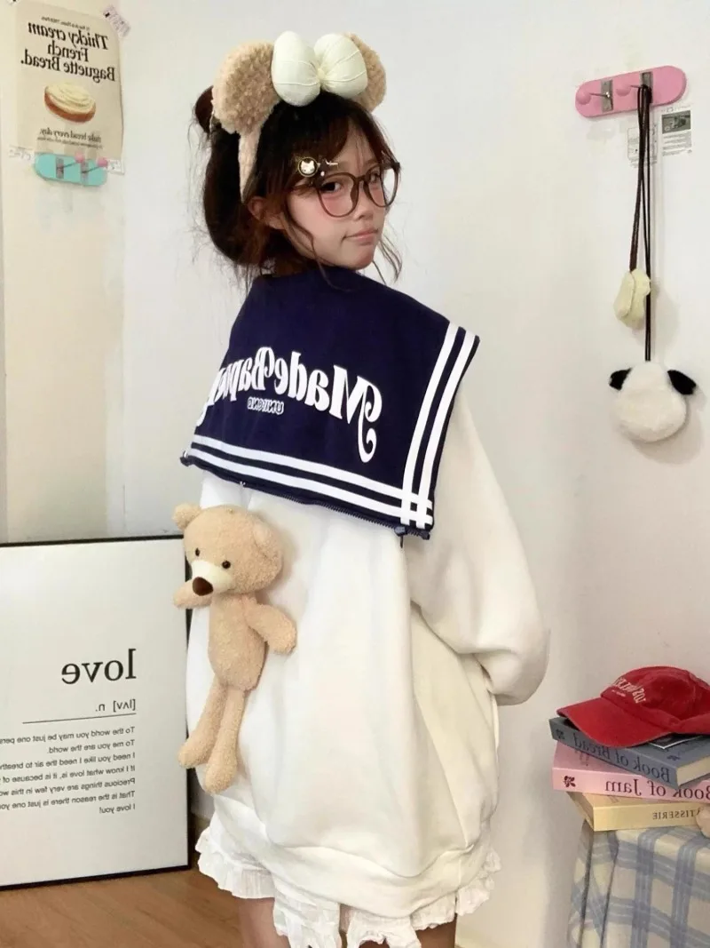 Autumn Navy Collar Multi-color Cute Cartoon Bear Print Long-sleeved Sweater Women