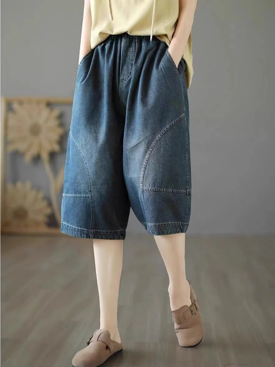 

Летние женские джинсы, свободные широкие брюки, тонкая высокая талия, брюки длиной до колена, утягивающий эффект, прямой крой