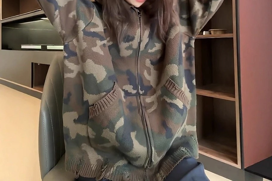 

Осень 2025 г., новая камуфляжная куртка с капюшоном в ленивом стиле, кардиган, вязаный свитшот