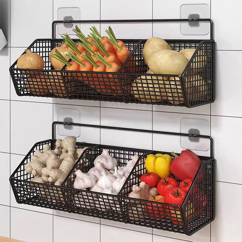 

1 Wall-Mounted Kitchen Storage Basket - 2-Tier Open Mesh Design, Durable Metal Rack, Space-Saving Vertical Storage Rack