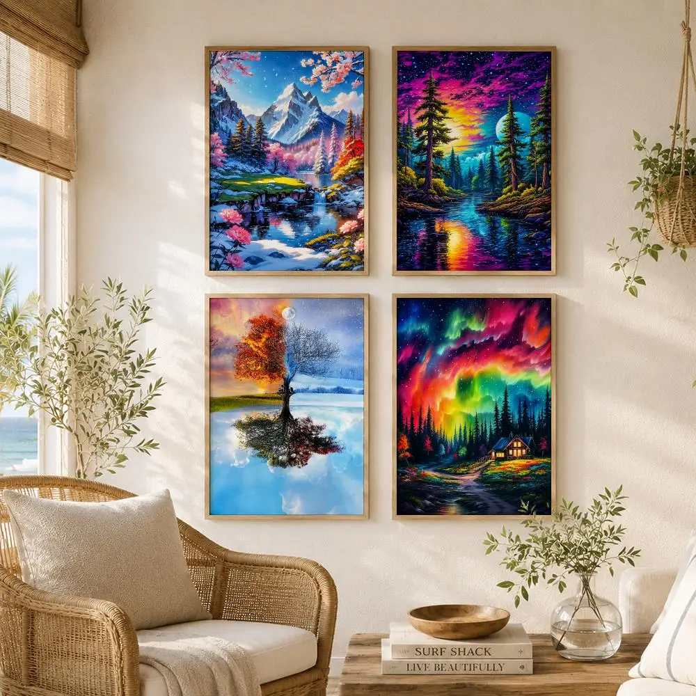 Sunset Forest River Blooms Painting Calligraphy High-Quality Canvas Wall Mural Crease-Free For Living Room Bedroom Interiors