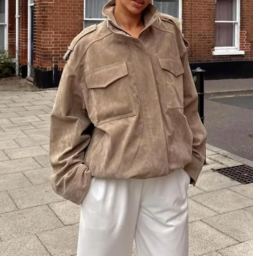 

New Women Khaki Stand Collar Zipper up Suede Leather Jacket Epaulet Shoulder Long Sleeve Elastic Hem Outerwear Safari Coat