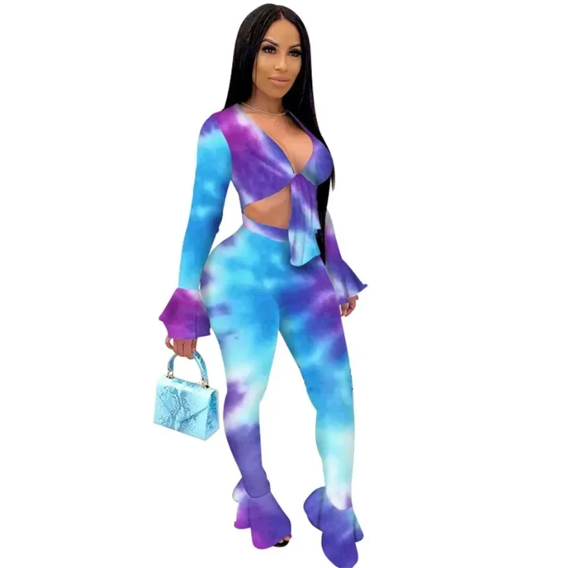 

Customized Tracksuits 2025 Spring Lace Up V-neck Tie Dye Two Piece Set Women Outifts Long Sleeve Crop Top + Leggings K9663custo