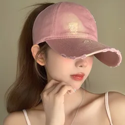 Pink Half Hollow-out Ripped Baseball Cap Women's Wide Brim Peaked Cap Makes Face Look Smaller-Shade Hat Can