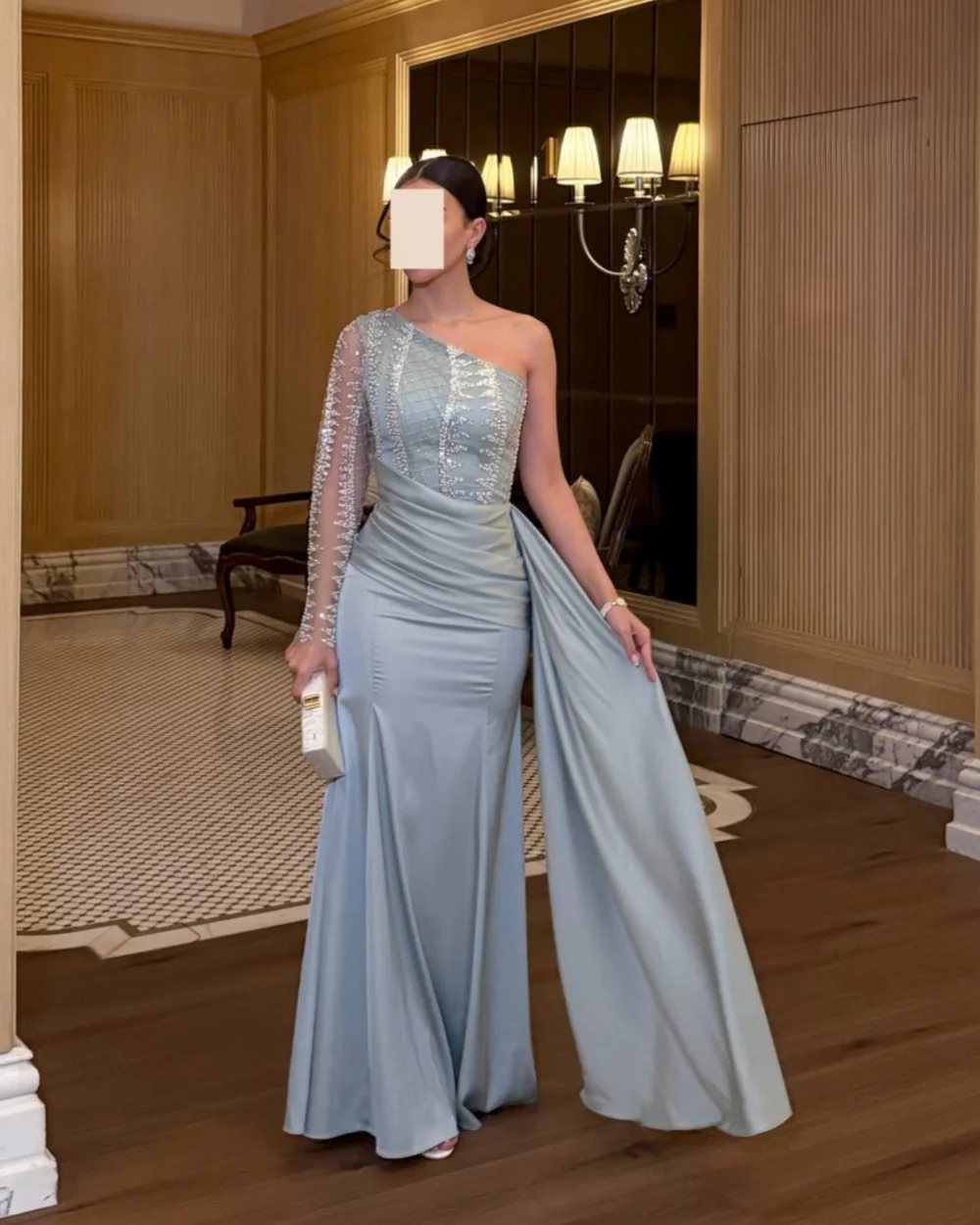 

Customized Exquisite Classic Jersey Rhinestone Ruched Mermaid Evening Dresses Fashion One-shoulder Long Sleeves Prom Dresses