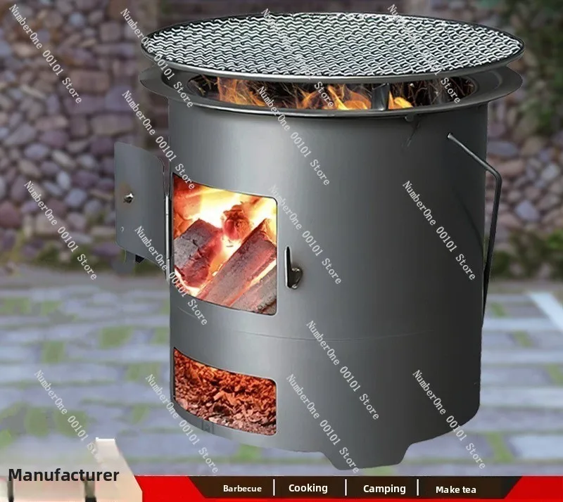 Thickened Outdoor Household Stove, Fireplace BBQ & Tea Heating Multifunction Firewood Stove, Carbon Steel Charcoal Stove