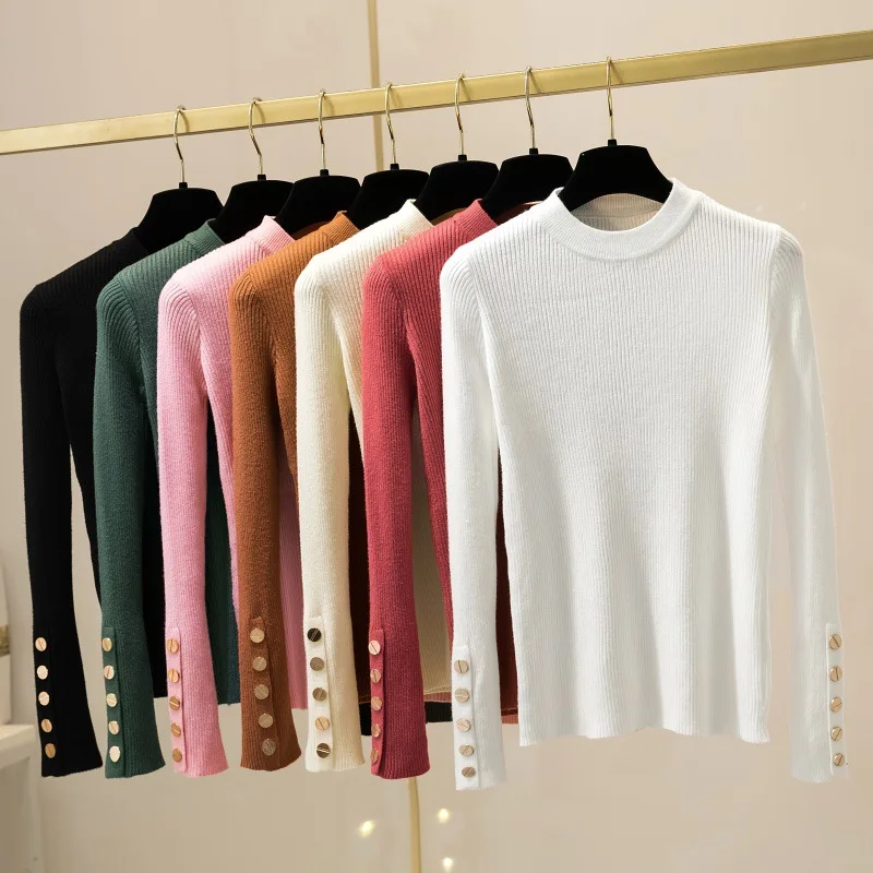 Casual Autumn Winter Women Thick Sweater Pullovers Button Long Sleeve O-neck chic Sweater Female Slim Knitted Soft Jumper Tops