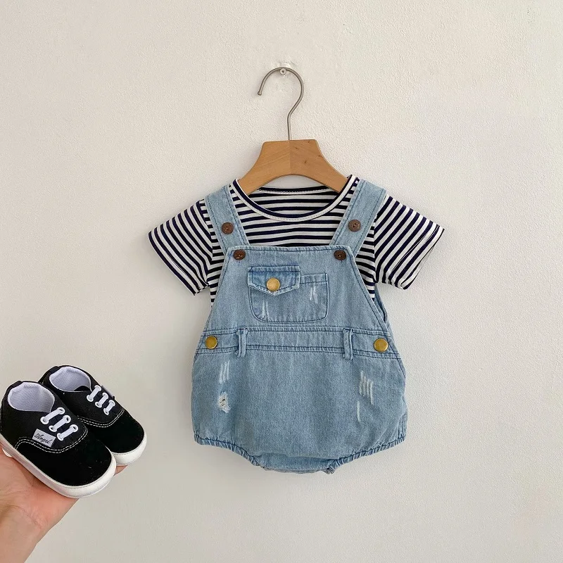 

0-3Years Newborn Baby Boy Girl Clothes Solid Color Pocket Denim Romper Jeans Fashion Bodysuit Korea Style Summer Outfits