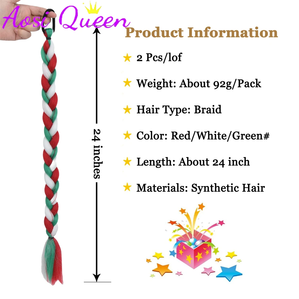 Synthetic 2-Pack Christmas Color Braided Tail Extensions Elastic Straight Tube Fashion Wrap Hair Tails 24 Inch Green White Red