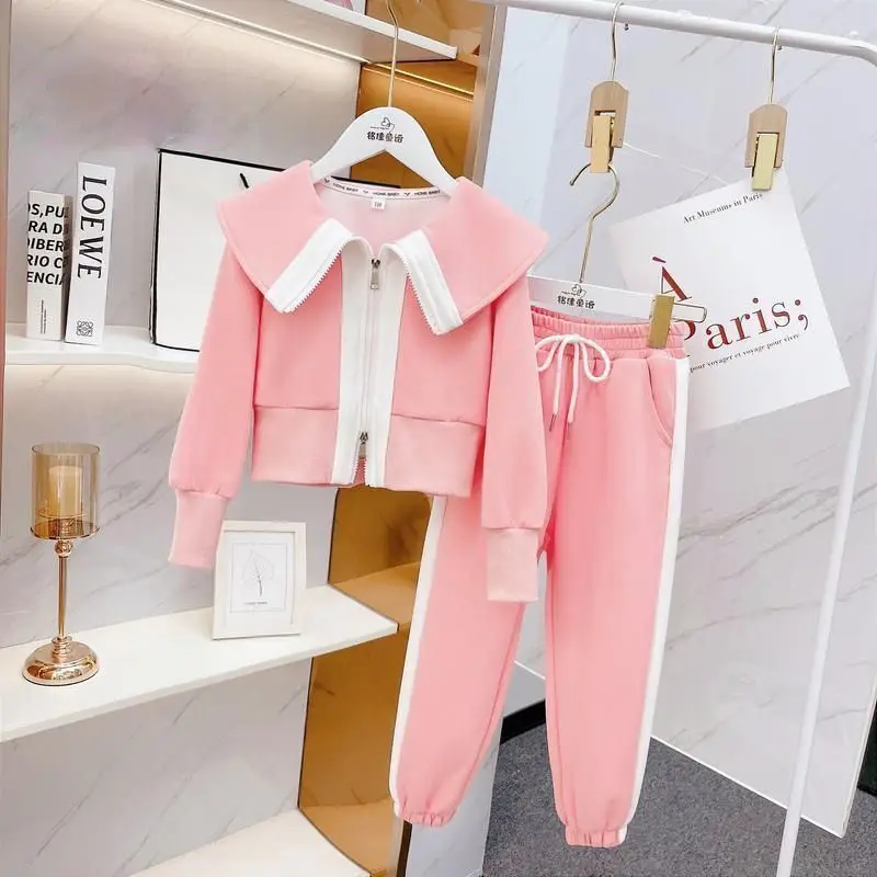 Autumn Girls Casual Clothing Sets Spring Baby Sports Lapel Suit Children Jackets+Pants 2Pcs Student Uniform Outfits Kids Clothes