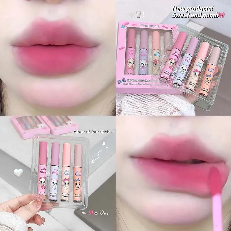 Ensemble de boue à lèvres rose chat brume, maquillage pour les lèvres, couleur chair, mat, Texture soyeuse, facile à colorer, rouge à lèvres, 4 paquets