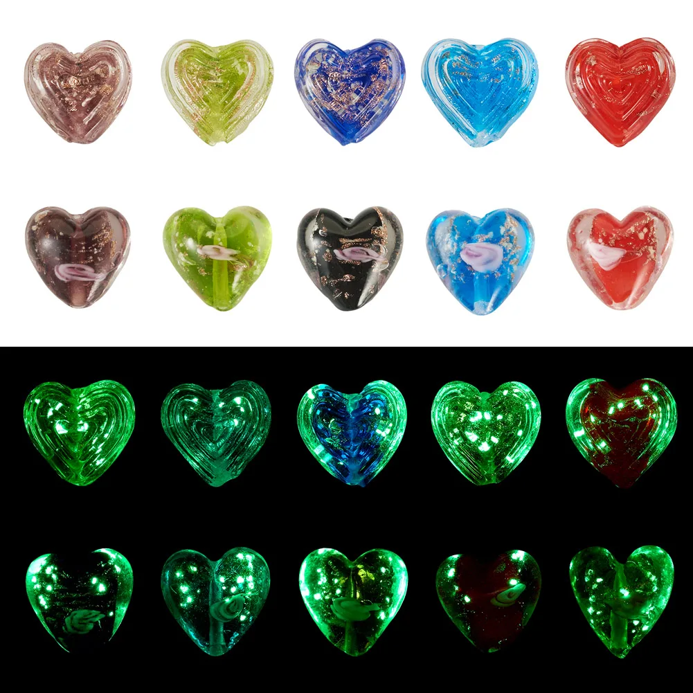 20Pcs Heart Bead Luminous Handmade Lampwork Glass Beads Glow in the Dark for Jewelry Making DIY Bracelet Necklace Accessories