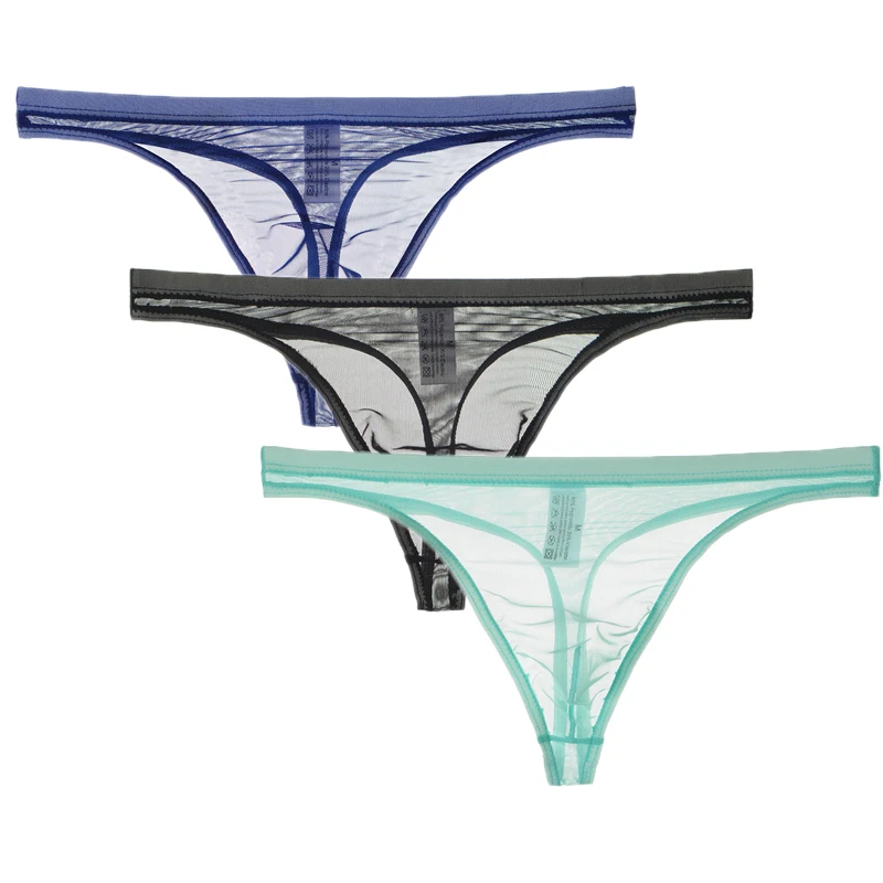 Ropa interior Sexy para hombre, Bikini de gasa de malla transparente, Tanga sólida, bragas ultrafinas con parte trasera en T, 3 uds./lote