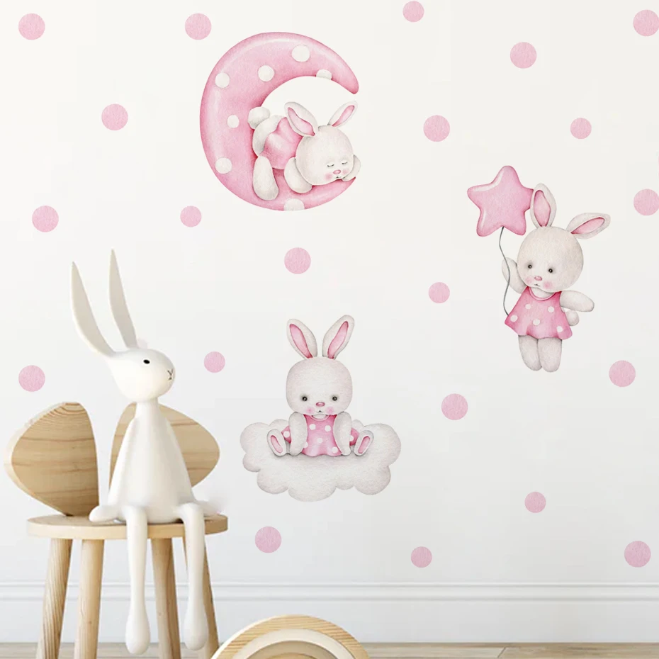 Pink Watercolor Soft 3 Rabbit Moon Clouds Stars Wall Stickers for Nursery Kids Room Baby Room Wall Decals Home Decor Murals