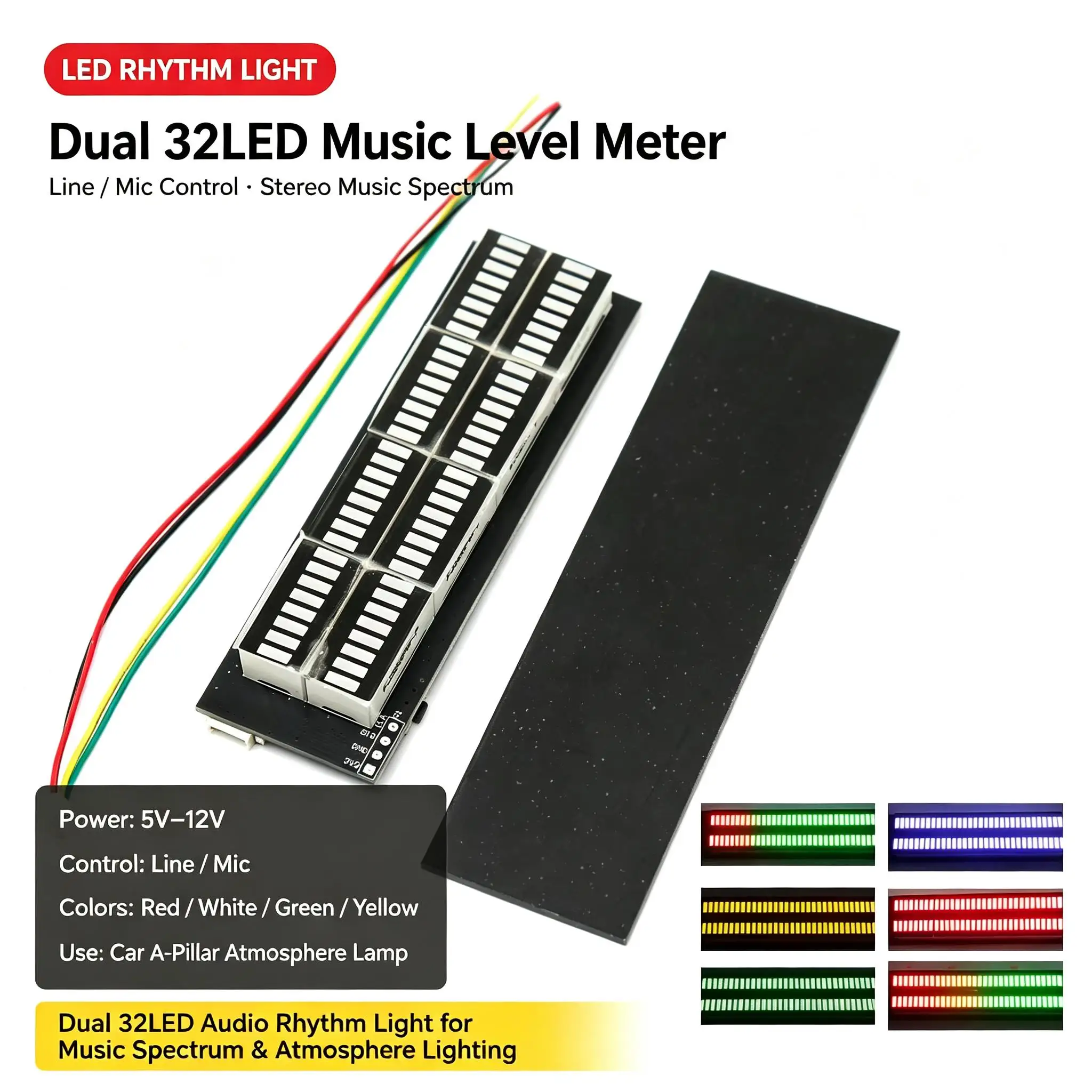 DYKB Dual 32LED Audio Spectrum Level Meter Music Rhythm Light Line Mic Input 5V-12V Car A-Pillar Atmosphere Lamp Stereo Display