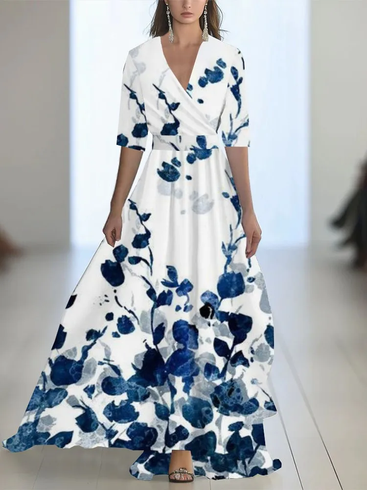 

Fashion Floral Print Patchwork Bohemian Dress Woman 2025 New Sexy V Neck Hollow Long Dresses Long Sleeve Puff Loose Maxi Dress