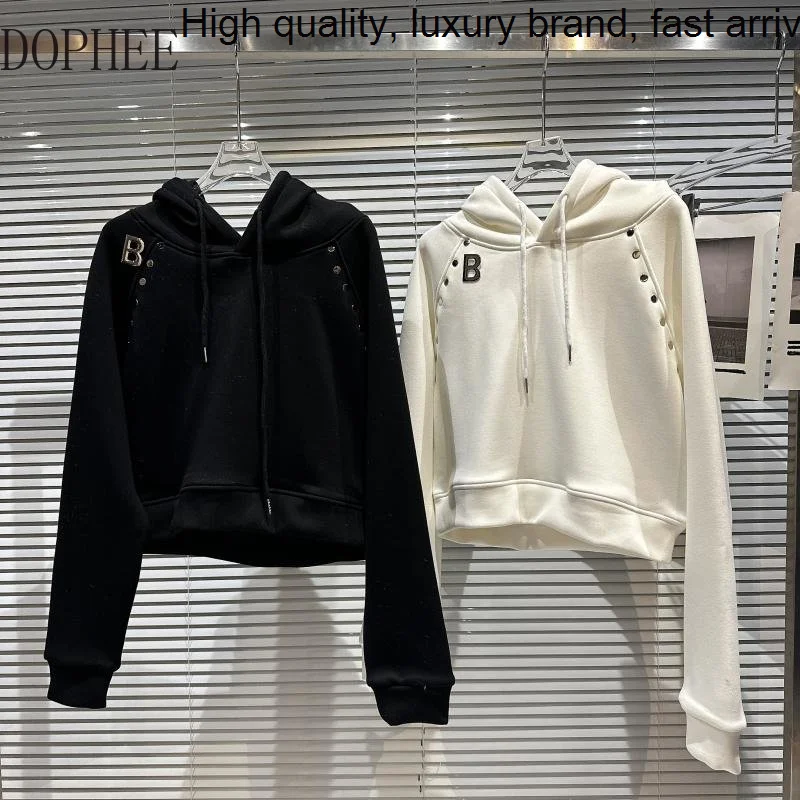 Fashion 2023 New Autumn Winter Fleece Female Sweatshirt Metal Letter Pin Rivet Pullover Hooded Top All-match Loose Short Hoodies