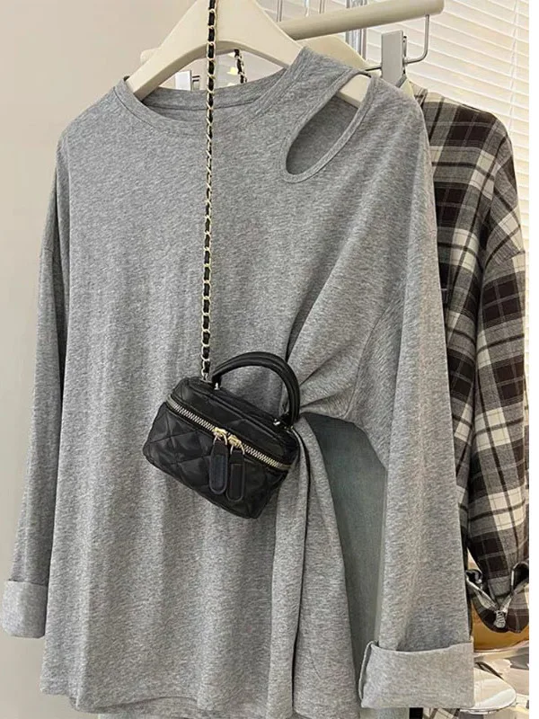 taglie forti 300 Pou Coreano Sle Color oulder Bared Long Sve T-shirt da donna vestibilità ampia Abbigliamento interno Top per Early A...