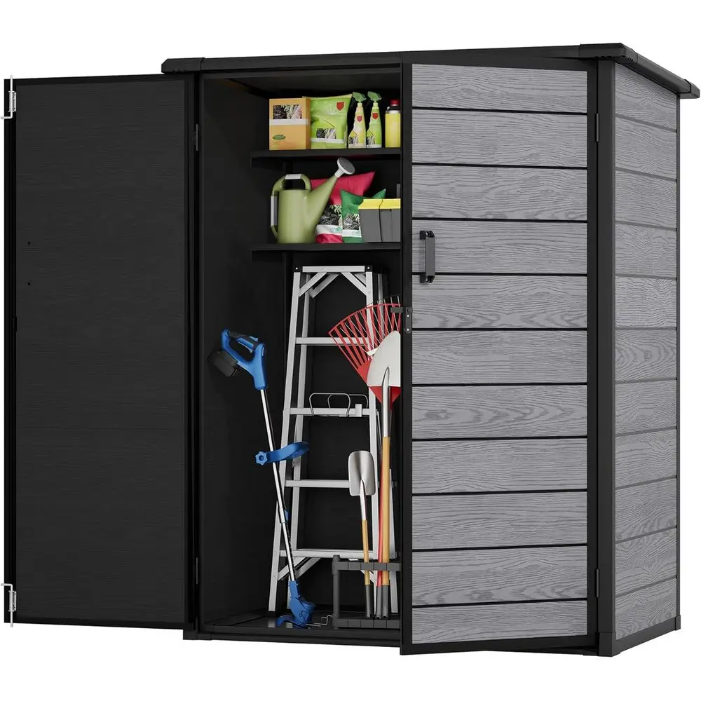 

Resin Outdoor Storage Shed, 56.8 Cubic Feet, 4.6 by 5.6 Feet Waterproof Garden Shed with Double Doors and Adjustable Shelves, Id