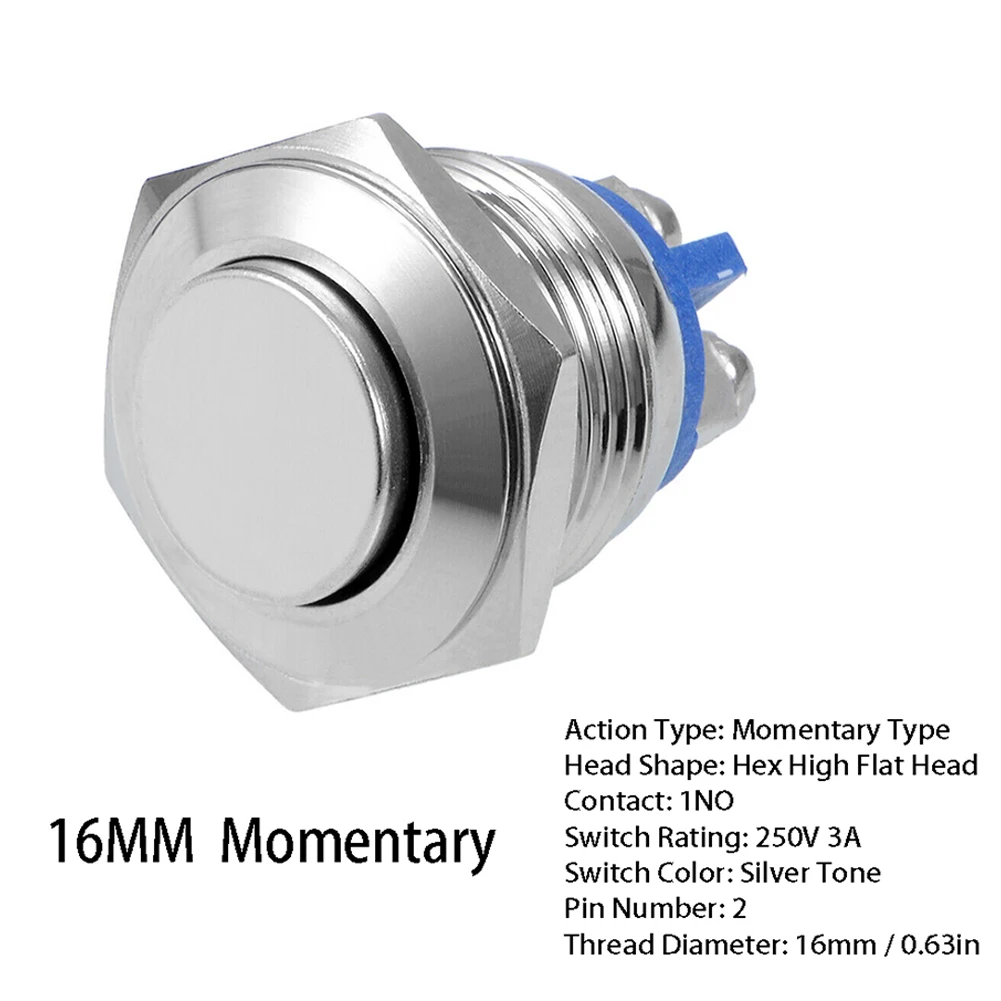 Push Button Switch Round Actuator Metal Push Button Switch 16mm 1NO 2 Terminals Momentary Type Vandal Resistant