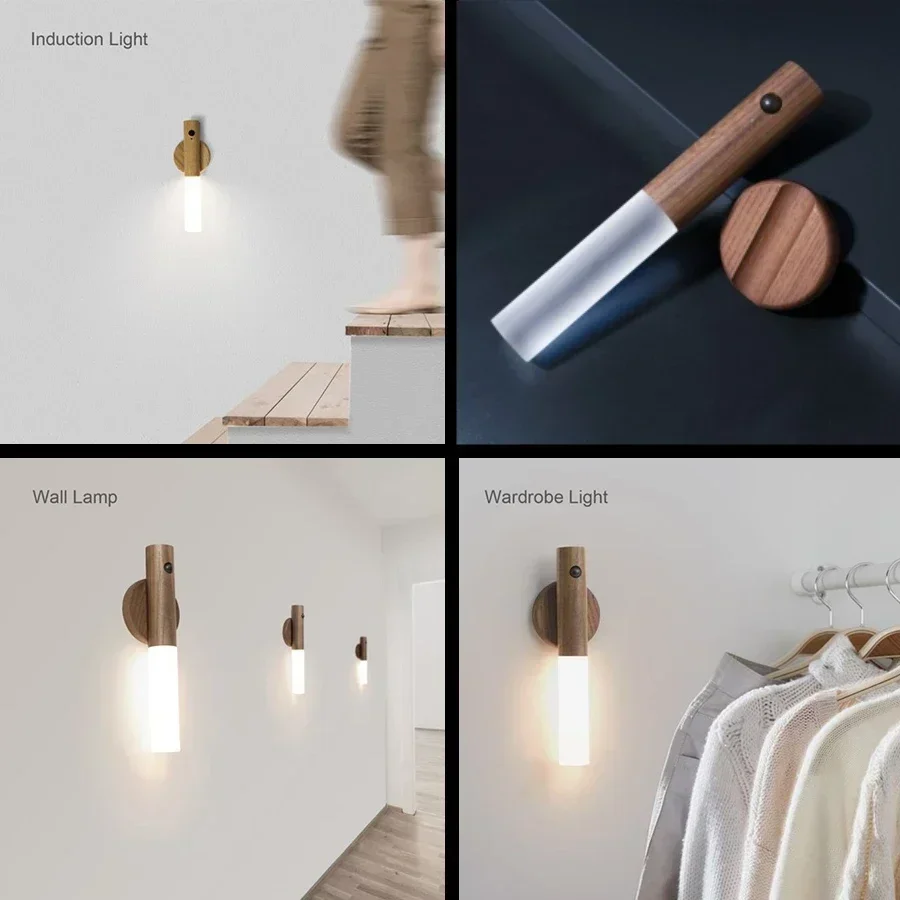 Motion Sensor Wood Night Light Wireless Type C Rechargeable LED Wall Lamp For Bedroom Bedside Kitchen Lamp 3color in one Lamp