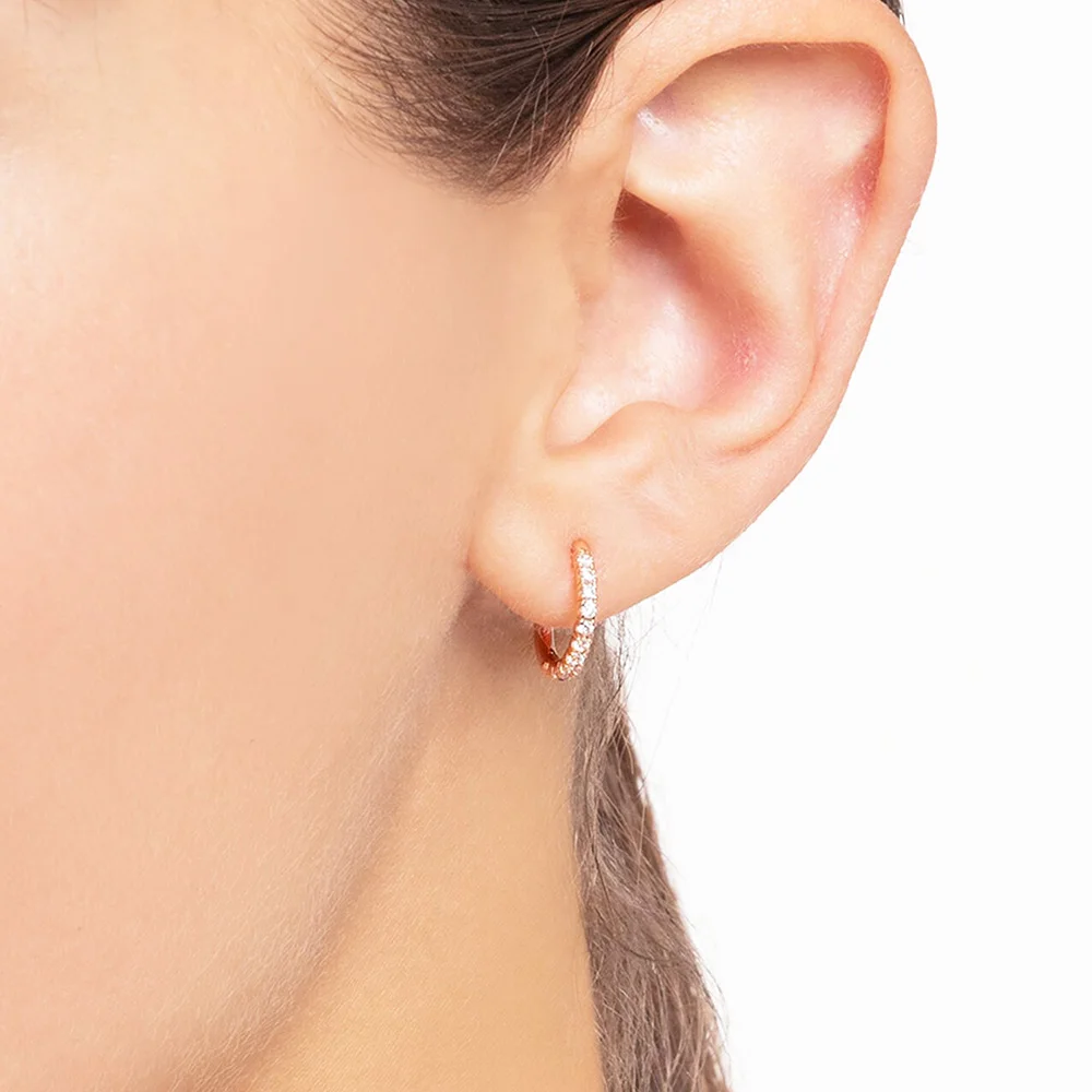 French Setting Stone Rose Gold Hinged Hoop Earrings Europe Fine Jewerly For Women Romantic Gift In Solid 925 Sterling Silver