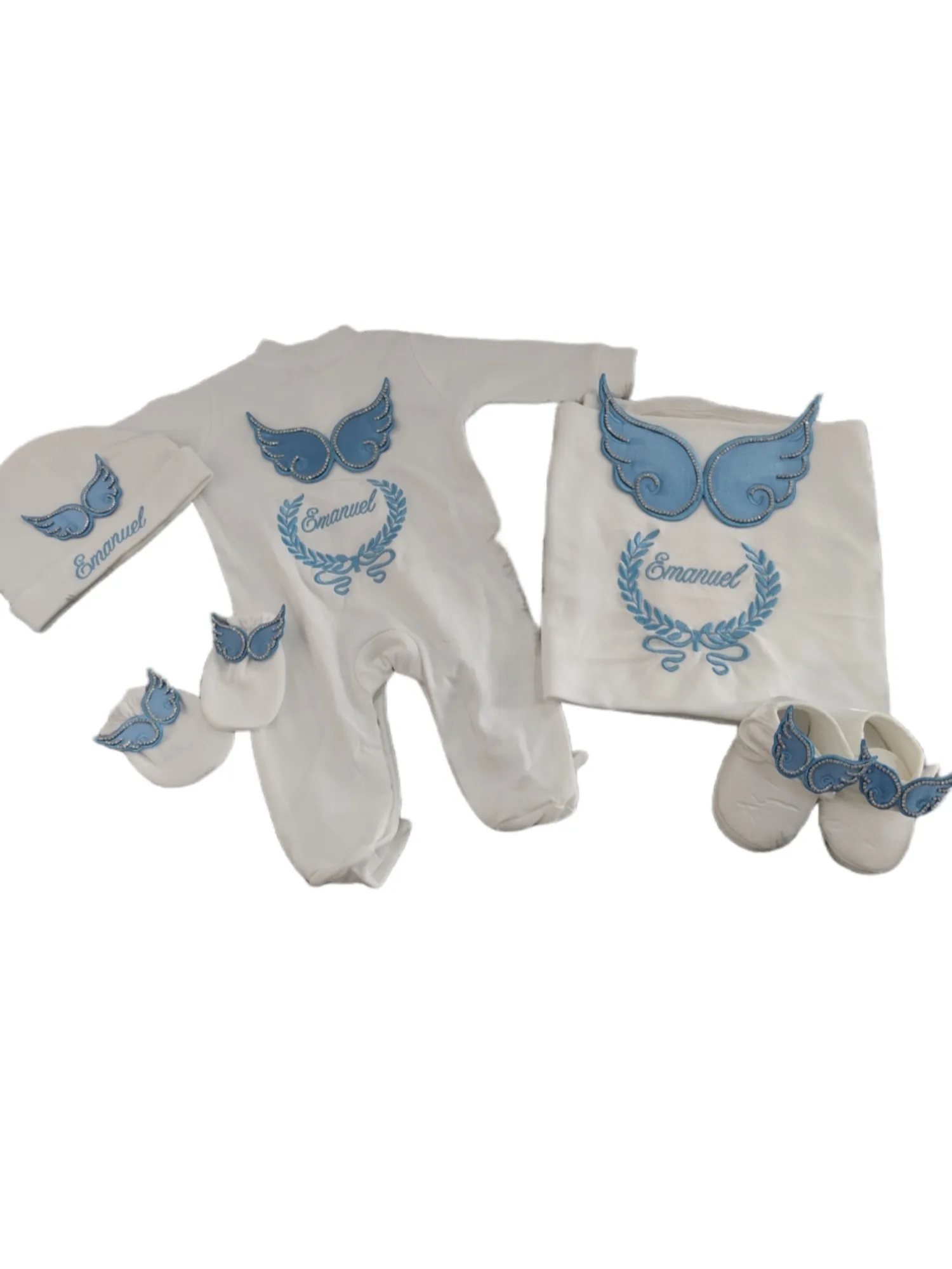 Newborn Angel Wings Outfit Set - White Blue Embroidered Baby Layette | Soft Cotton Infant Gift for Baptism/Photoshoot