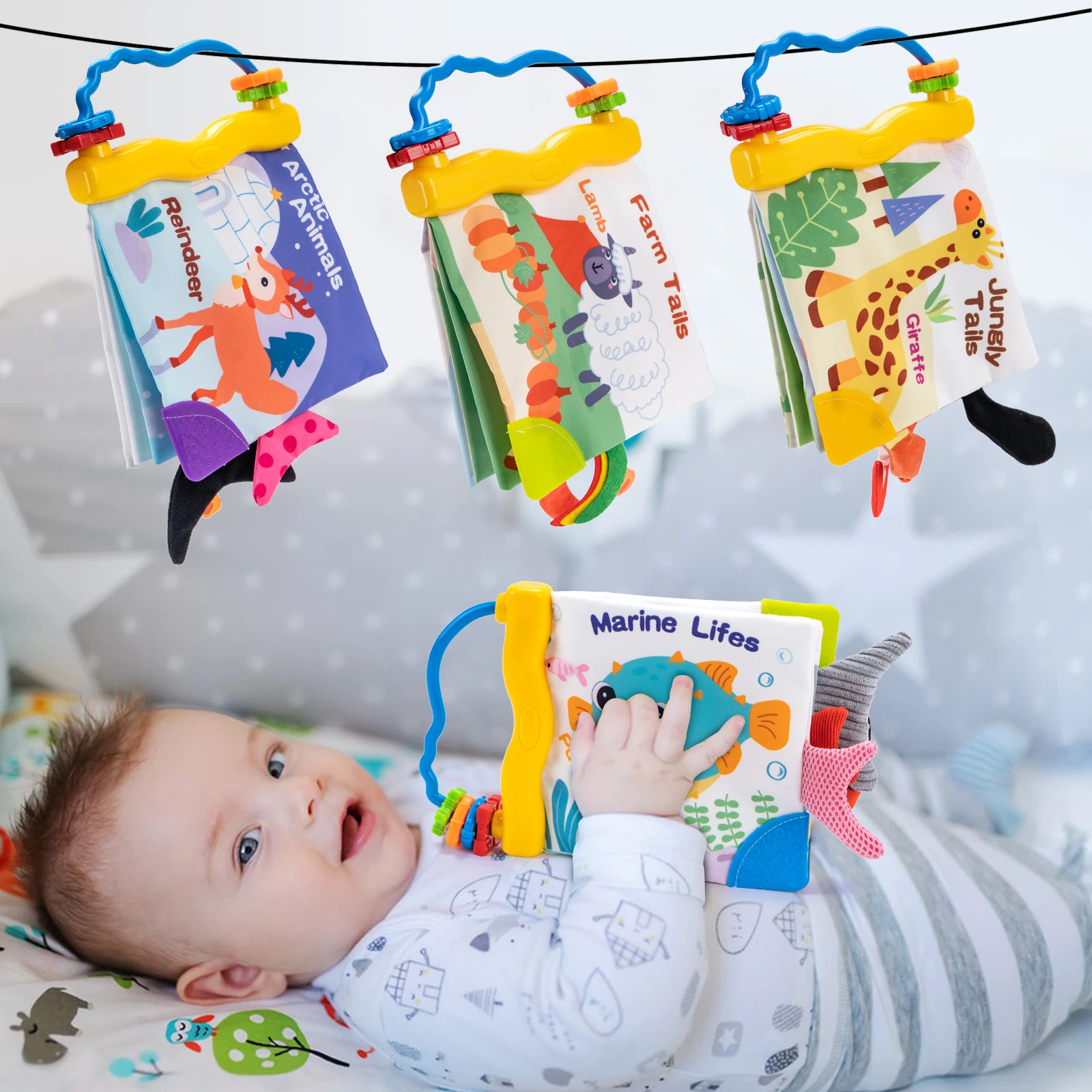 Soft Baby Cloth Book 3D Animal Tail Cloth Book Newborn Montessori Education Toy 0-12 Months Sensory Early Learning Stroller Toys