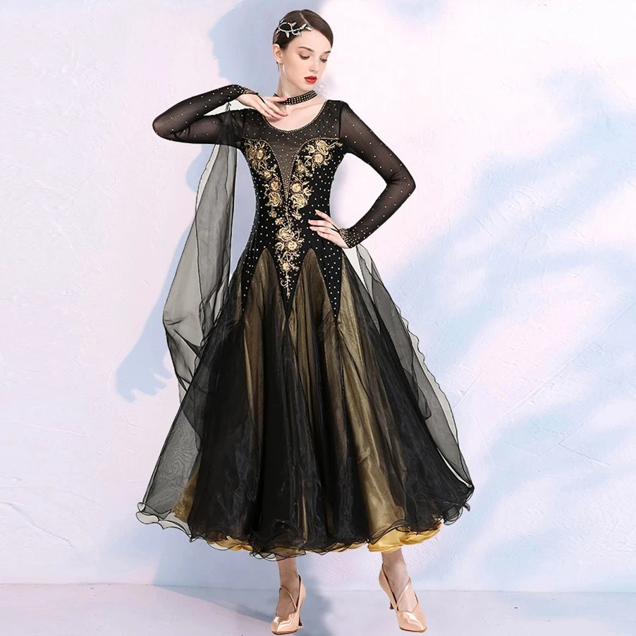 Black Floating Sleeves Sequins Ballroom Dance Competition For Women Dance Wear Waltz Dress Ball Gown Rumba Dance Costumes