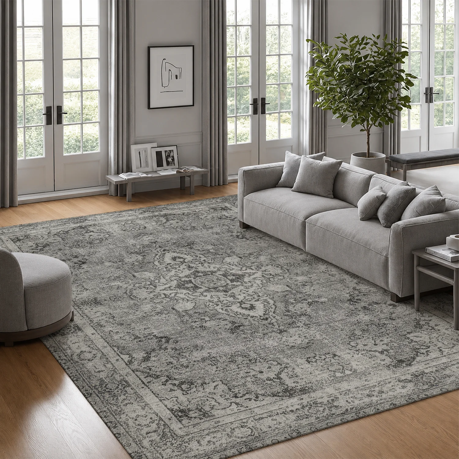 Large Indoor Area Rug, Soft Velvet Low Pile Floor Rug with Non-slip Dotted Backing, Machine Washable Distressed Vintage Medallion Pattern Carpet for Living Room, Bedroom, Home Decor
