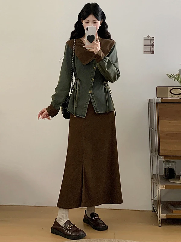 

plus Size Retro Korean Style Women's Denim Top And Skirt Set Autumn New Arrival Belly Covering Slimming High Waist Skirt