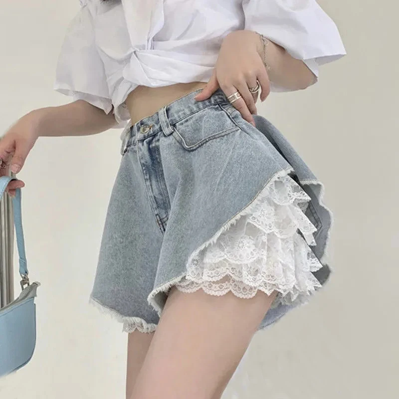 Summer Sexy Denim Shorts Women Harajuku Y2k Lace Two Piece High Waist Jeans Fashion Streetwear Female Chic Wide Legs Short Pants