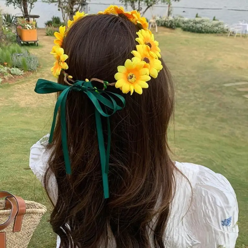 39BD Realistische Sonnenblumen Girlande Stirnband Böhmischen Krone Kopfschmuck Tiaras Haarband Frauen Hochzeit Party – Detail 9