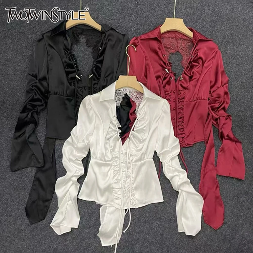 

TWOTWINSTYLE Sexy Solid Ruffle Slimming Blouses For Women V Neck Long Sleeve Spring Elegant Shirts Female Fashion New KBL556806