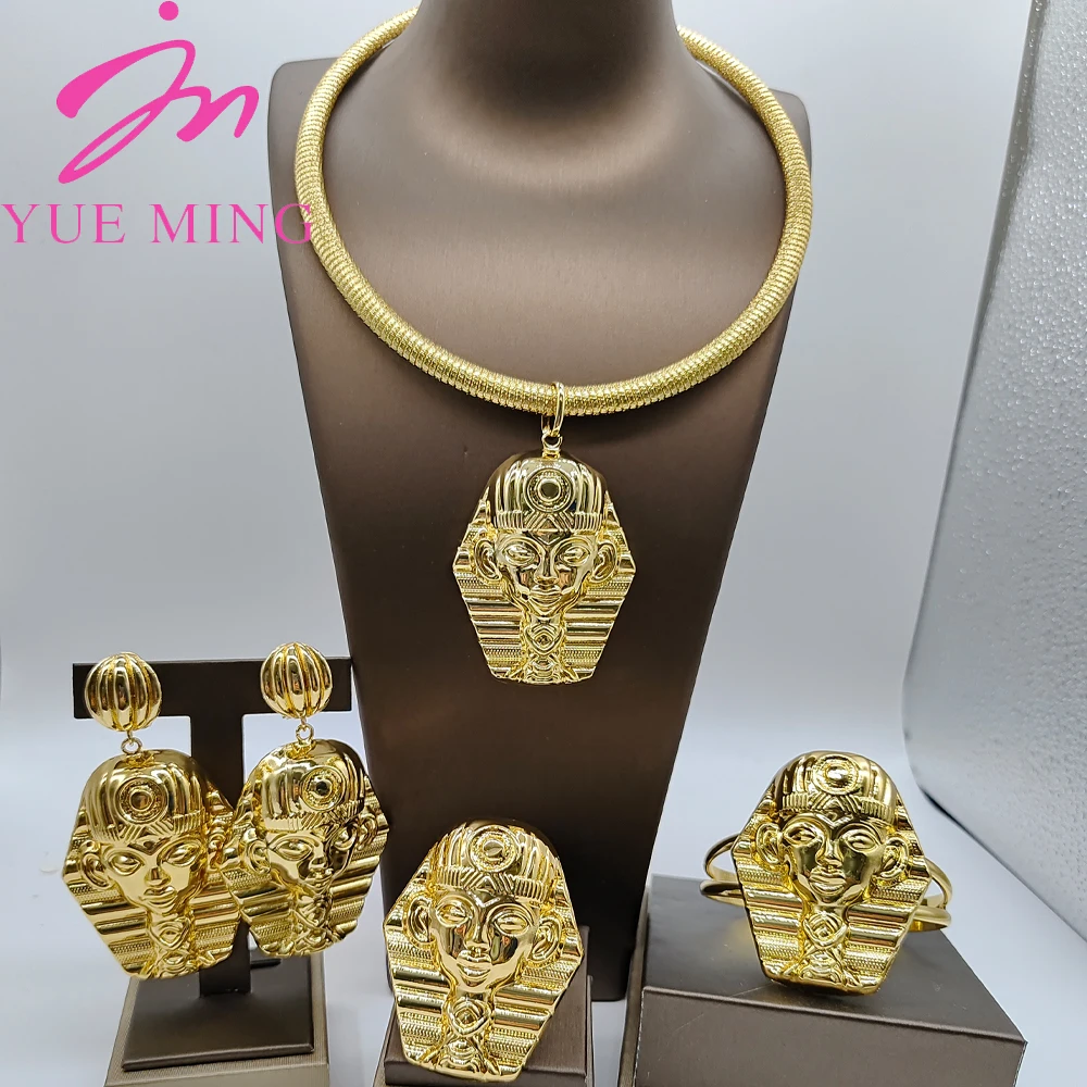 Charms Gold Plated Jewelry Sets for Women Egyptian Head Bracelet Ring Necklace Earrings 4pcs Wedding Engagement Party Jewelry