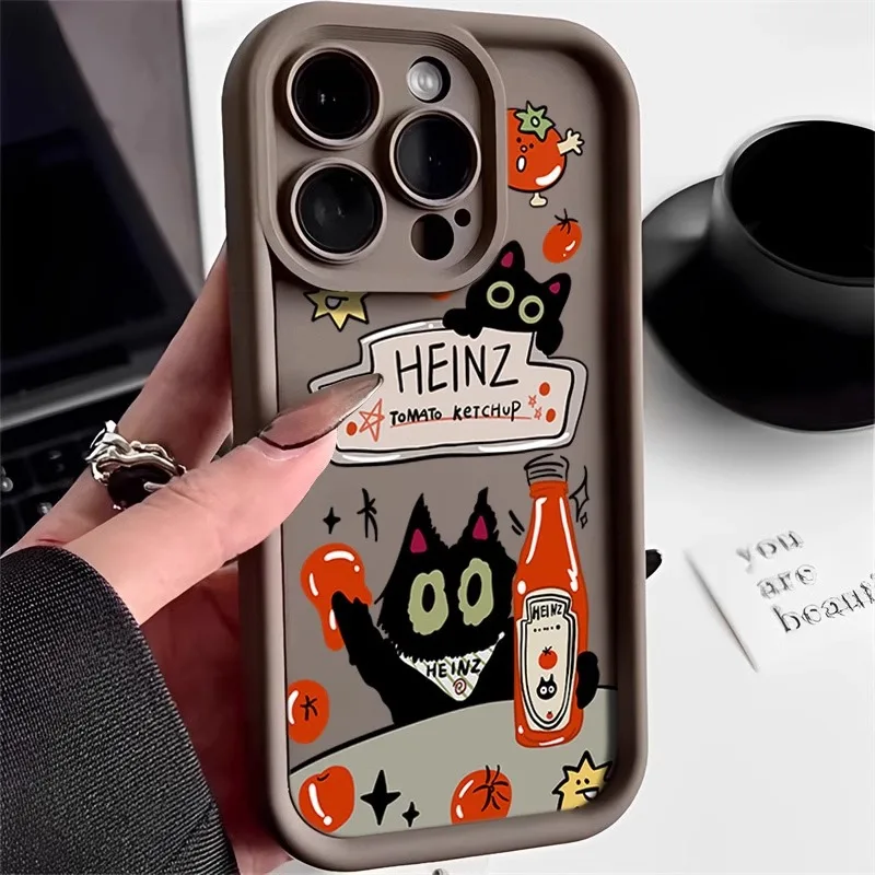 Tomato Little Black Cat Goodlooking Cute Graffiti Soft Phone Case For iPhone 15 Pro Max 14 Plus 13 12 11 XR X XS 8 7 Cover