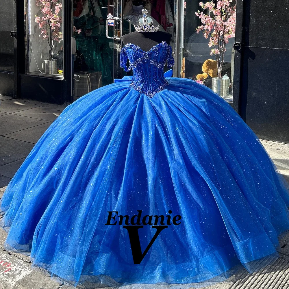 Vendanie Glamorous Off-the-shoulder Princess Ball Gown Appliques Beads Bow Lace up Draped Vestido De 15 Quinceañeras Morado