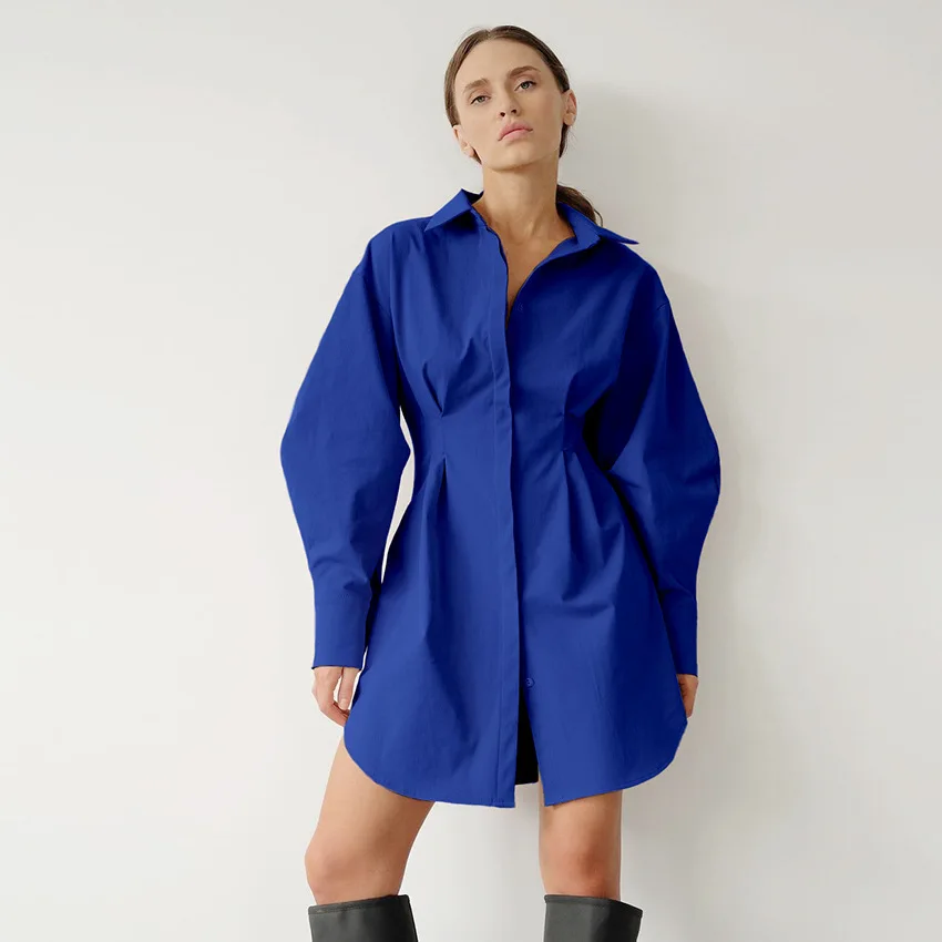 Pleated Shirt Dress Autumn Fashion A-Line Breasted Casual Office Dress Lapel High Waist Blue Purple Mini Party Dress 2024